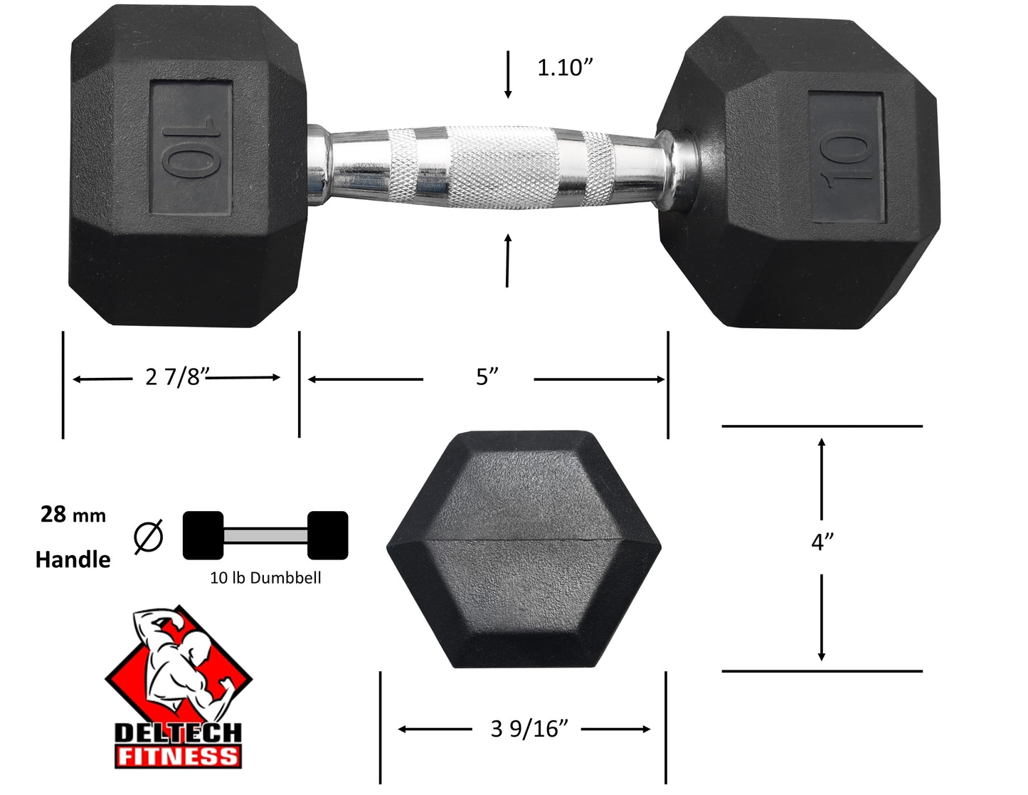 Deltech Fitness 10 lb Rubber Dumbbell Pair (RDB-010)