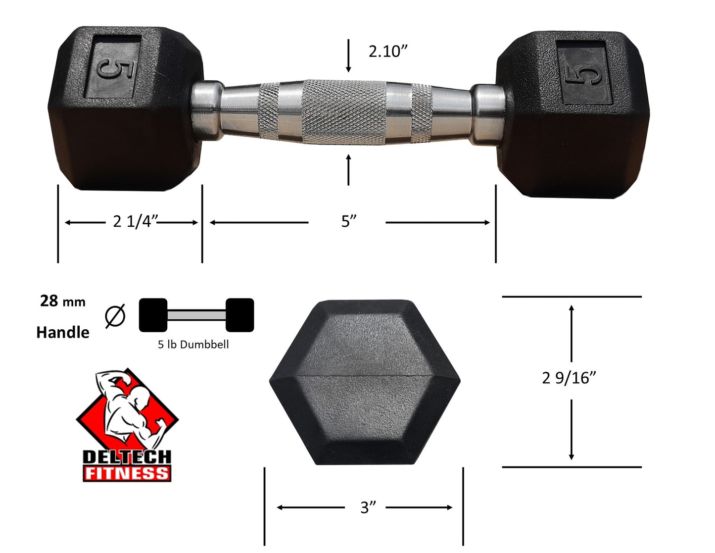 Deltech Fitness 5 lb Rubber Dumbbell Pair (RDB-005)