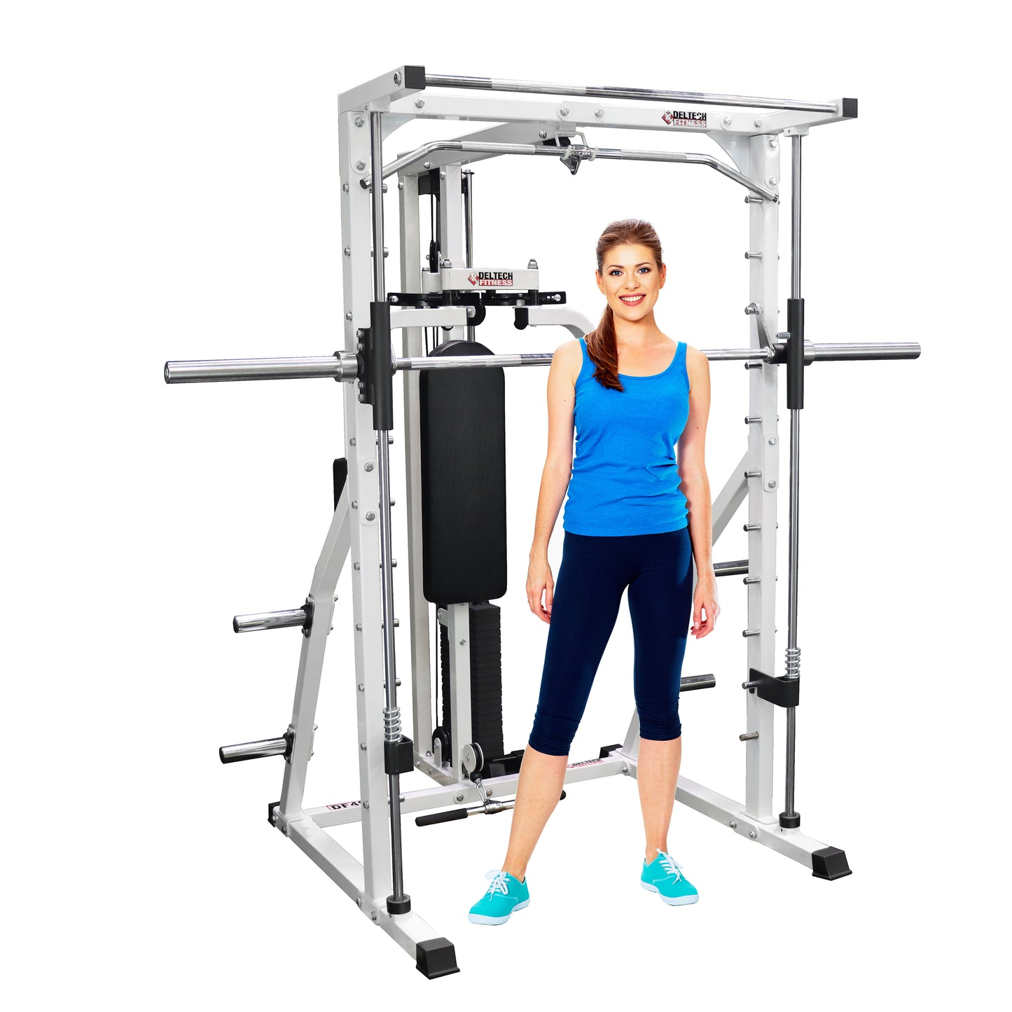 Deltech Fitness Linear Bearing Smith Machine with Weight Stack Loaded Lat Attachment and Pec (DF4900LSP)