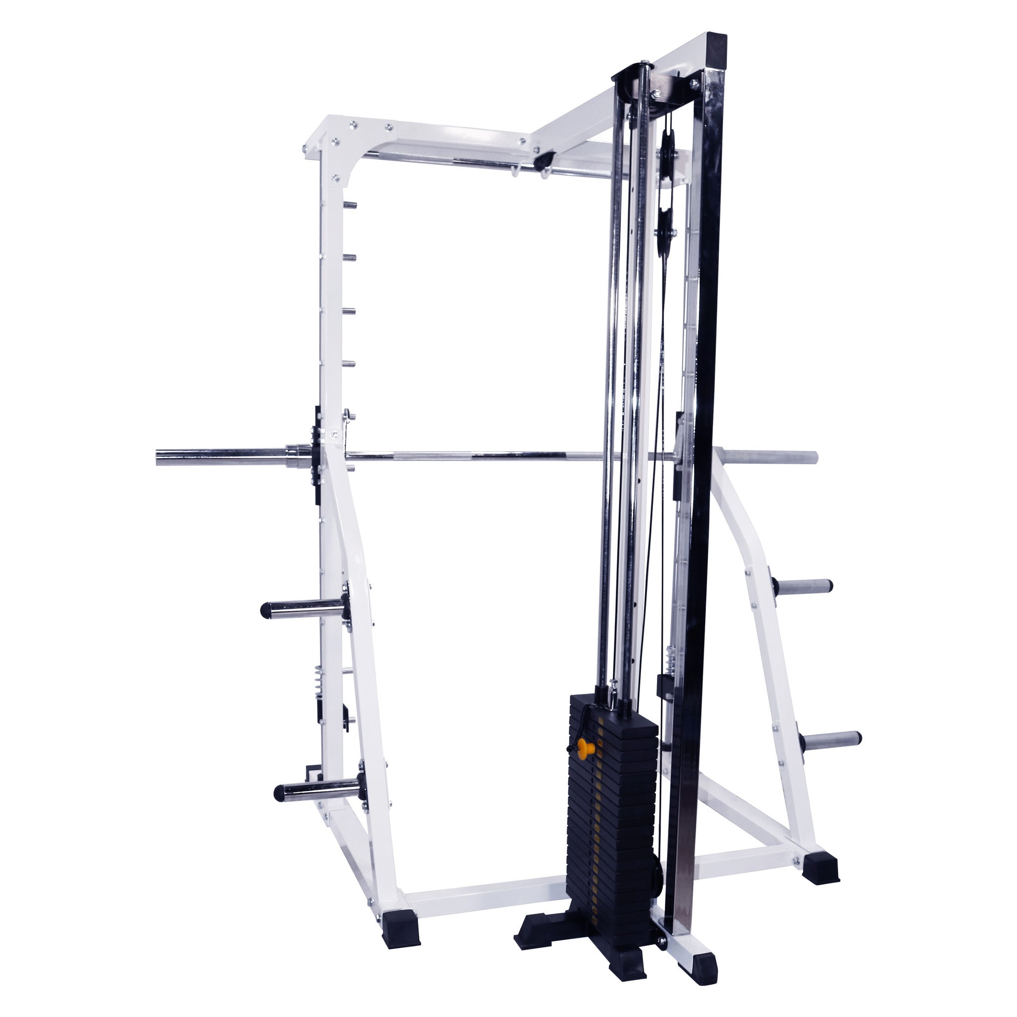 Linear Bearing Smith Machine with Weight Stack Loaded Lat Attachment